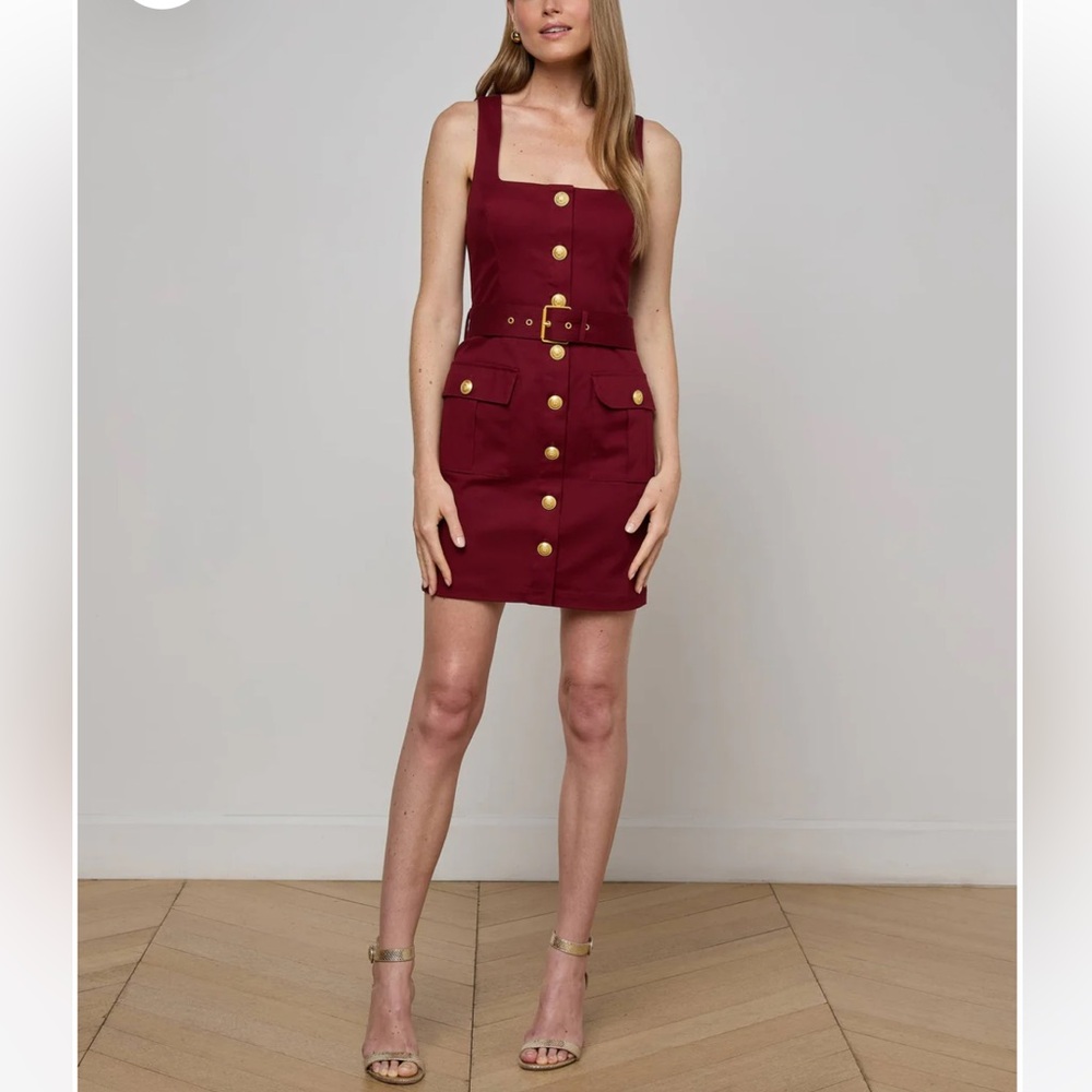L'AGENCE Burgundy Midy Mini Dress with Gold Accents
